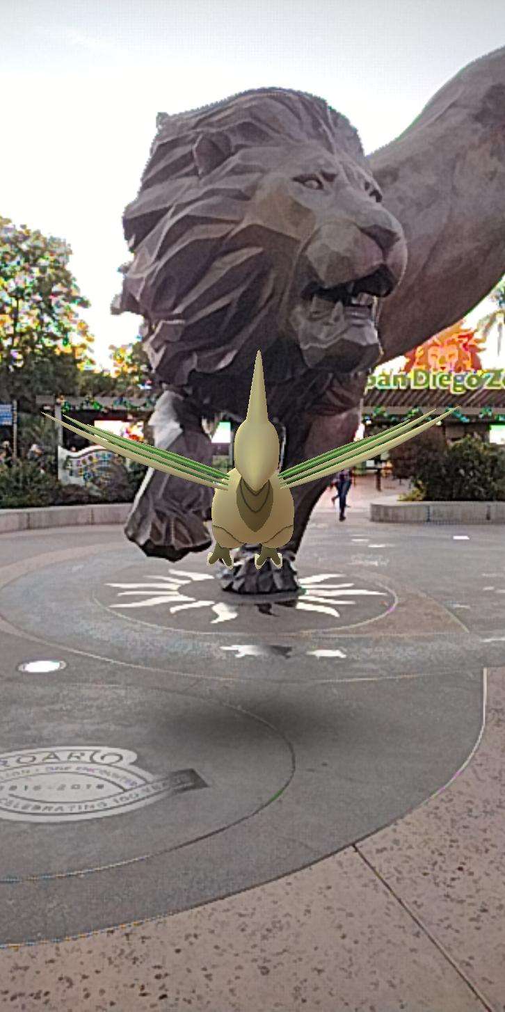 AR shiny Skarmory in front of lion statue