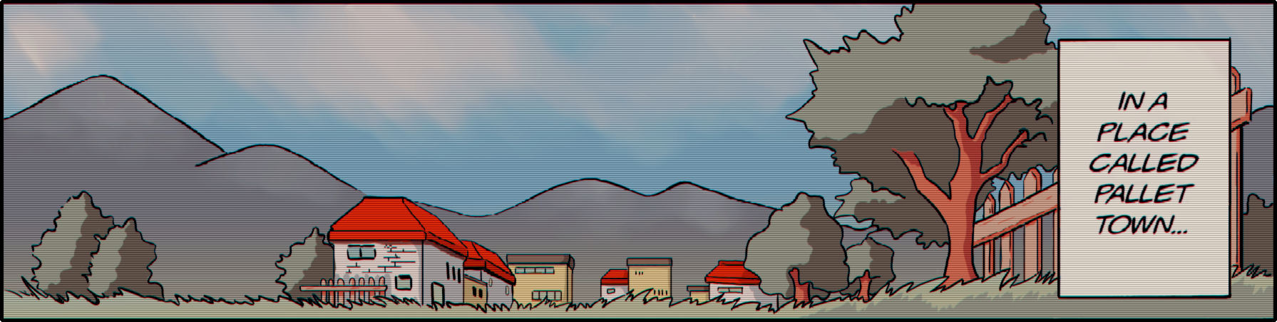 The first panel of Pokemon Adventures: A wide shot of a rural town with trees and bushes in the foreground and a mountain range in the background, with a caption saying 'In a place called Pallet Town...'